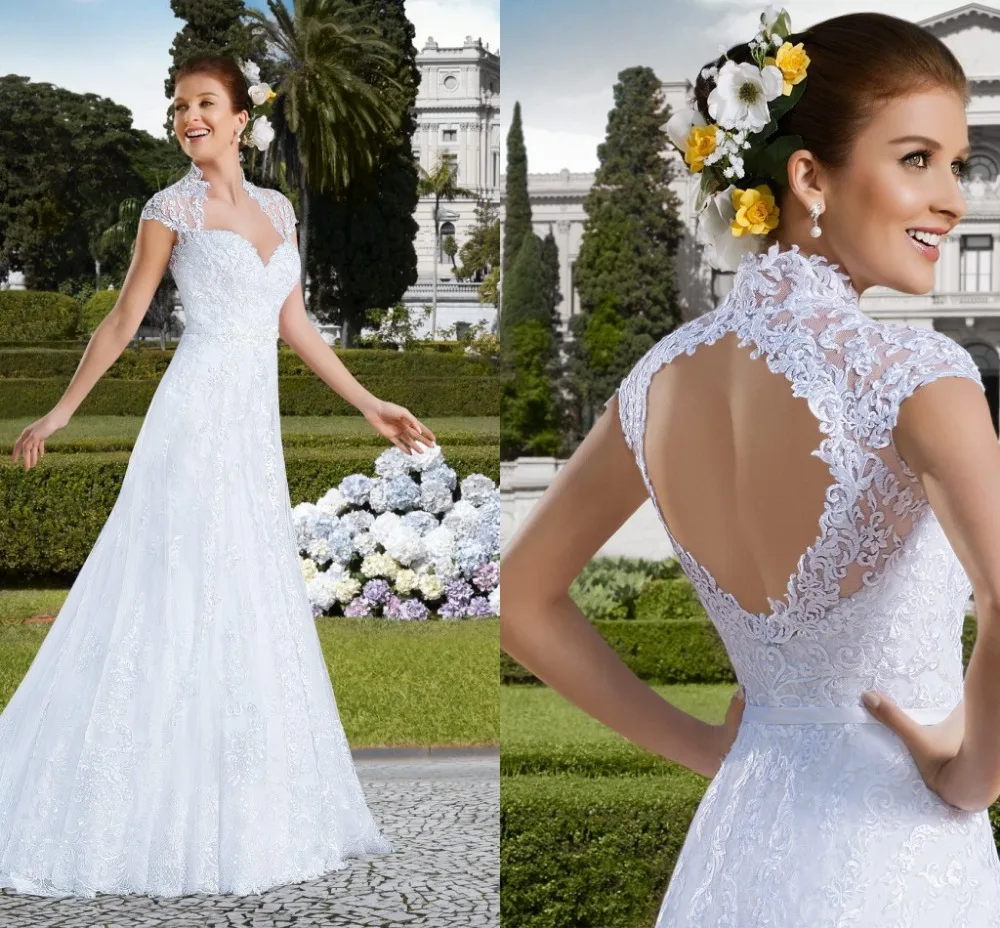 

Vintage High End vestidos de novia Sweetheart Appliques Wedding Dresses Open up Back Short Sleeves Lace Wedding dress VERNASSA