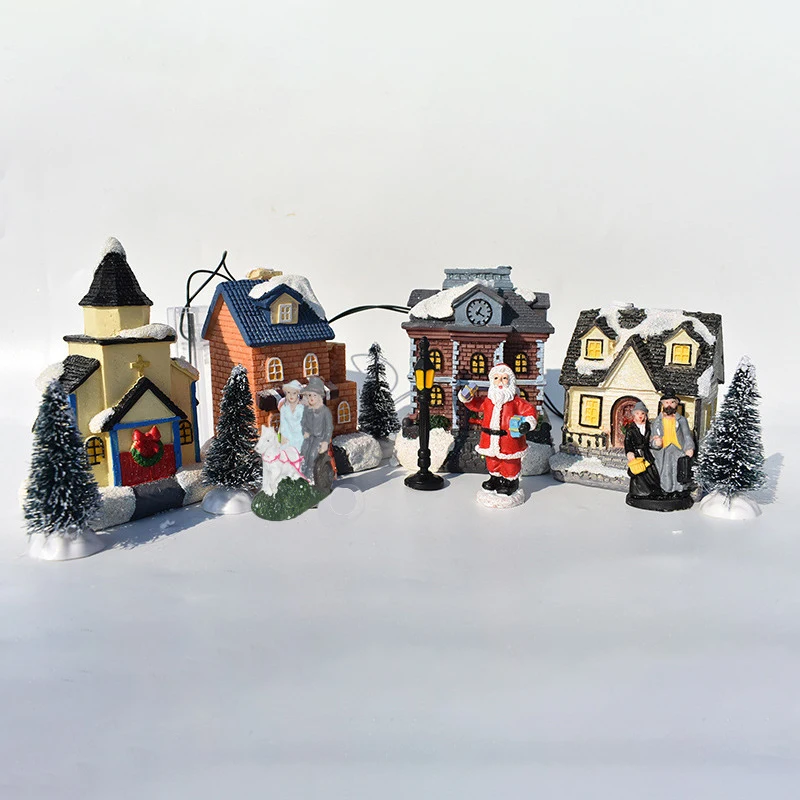 

10pcs/set Christmas Ornaments Luminous House Small Cabin Decoration Santa Claus Doll Set RT88