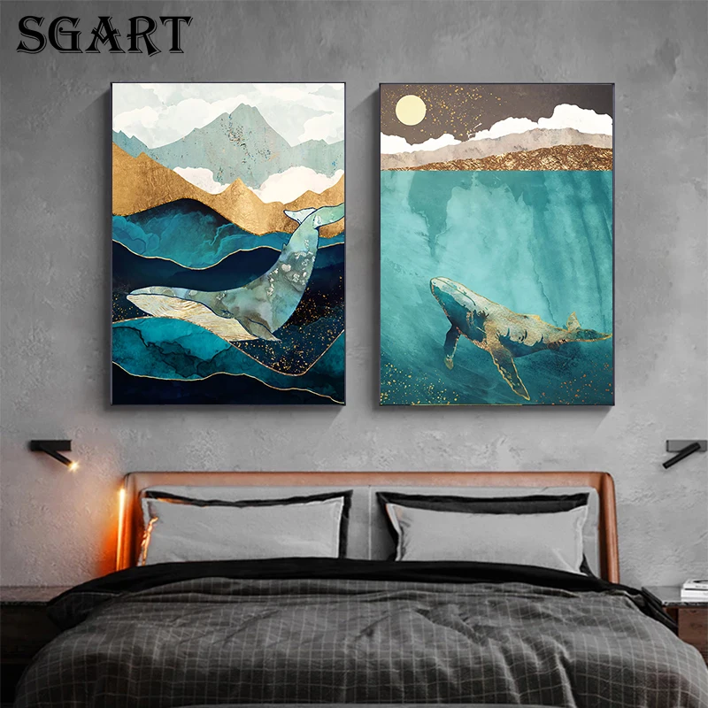 

Abstract Landscape Golden Leaf Dolphin Canvas Painting Nordic Art Poster And Prints Modern Wall Decor Picture For Living Room