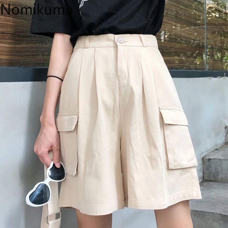 Женские повседневные шорты с высокой талией Nomikuma однотонные свободные карманами