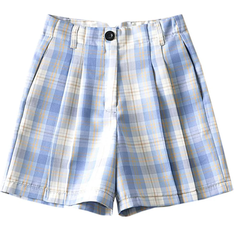 

Fresh High Waist Plaid Casual Pants Women's Preppy Style Pleated Pocket Shorts Versatile Young Girl Pleated Pants