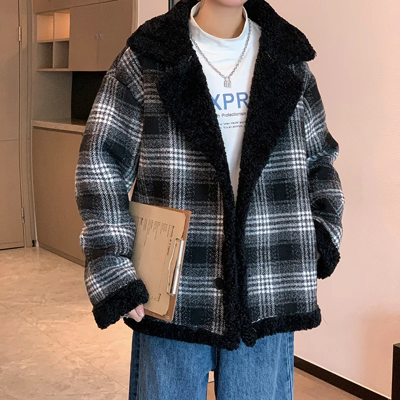 Winter Thick Lamb Fur Jacket Men Warm Fashion Casual Retro Plaid Coat Men Korean Loose Short Coat Mens Jackets Outerwear M-3XL