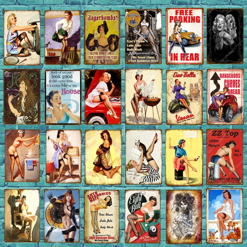 Винтажная сексуальная леди Pin Up девушка живопись жестяная вывеска металлическая пластина художественный плакат Настенная Наклейка бар кофейня кафе домашний декор