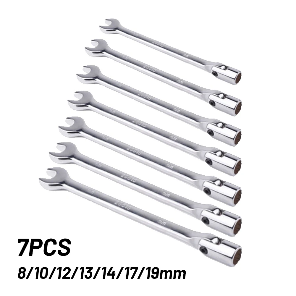 

7 Pcs Swivel Head Combination Socket Spanner Wrench 8-19mm W/ U-Shaped Open End For Workshop Hand Repair Tool