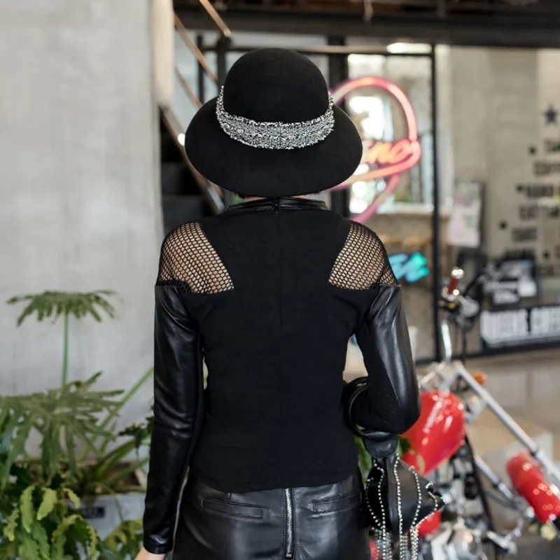 

New Female Hollow Out Genuine Sheep Leather Spliced Women Solid Black Long Sleeve O Neck Collar Blouse Sheepskin Streetwear