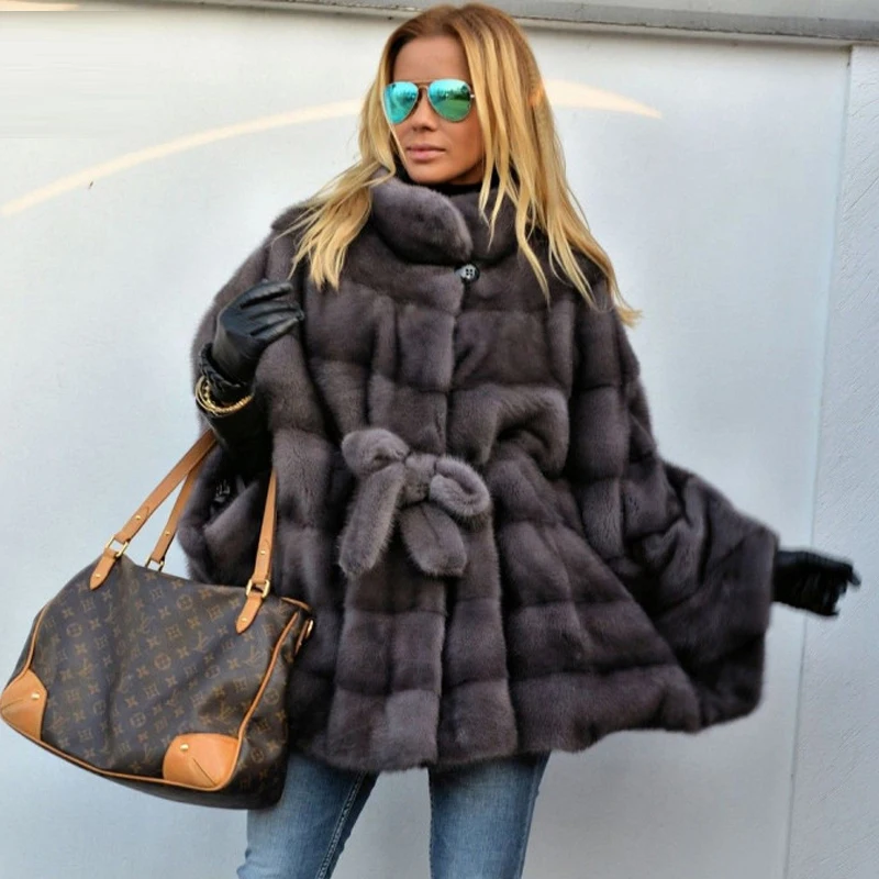 

Dark Grey Natural Mink Fur Coats Stand Collar Winter Fashion New Whole Skin Genuine Mink Fur Jacket Batwing Sleeved Overcoats