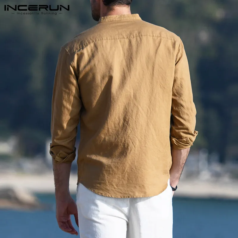 incerun mens casual shirt cotton solid color long sleeve blouse chic stand collar fashion handsome tops 2021 streetwear camisas free global shipping