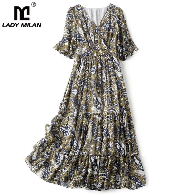 

100% Natural Silk Women's Dresses V Neck Short Sleeves Printed Fashion Casual Summer Holiday Beach Dress Vestidos
