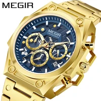 megir 2022 new men chronograph calendar waterproof luminous luxury gold stainless steel skeleton dial mens quartz watches 4220g