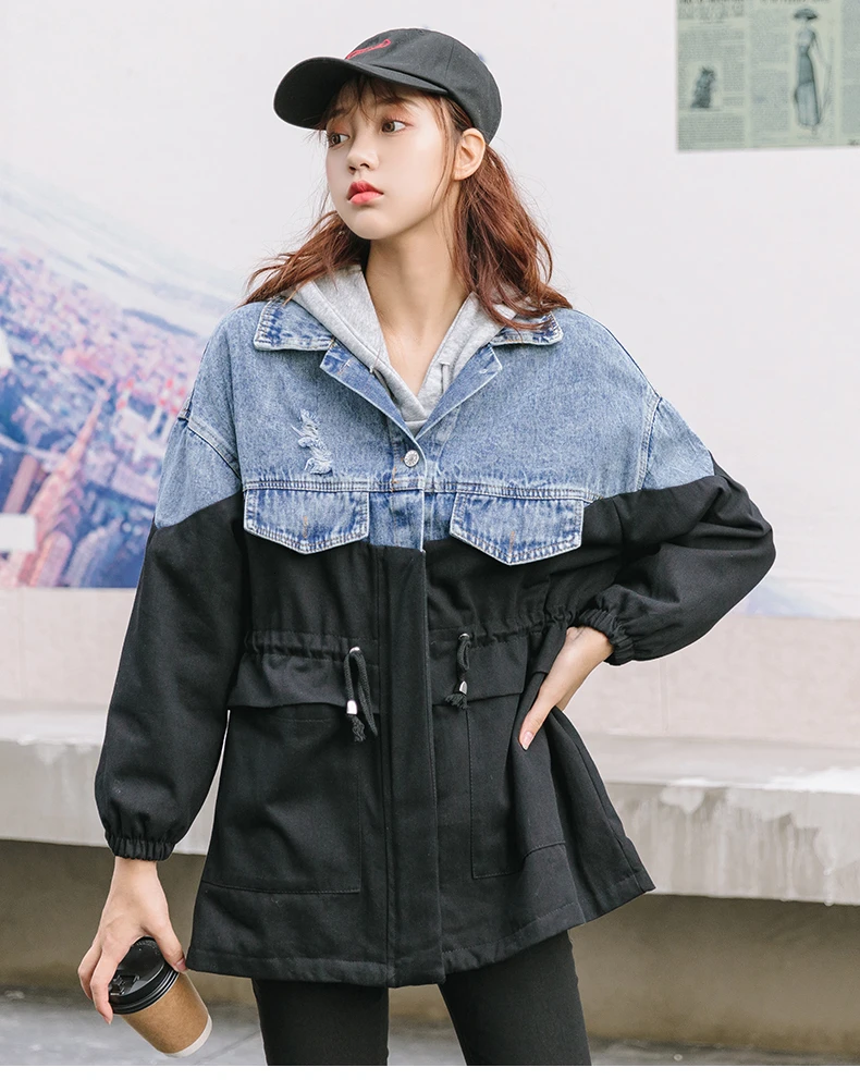 

Denim Splice Letters Patchwork Jacket Hole Women Zipper Jeans Top Causal Windbreaker Loose Overcoat Drawstring Large 2021 New