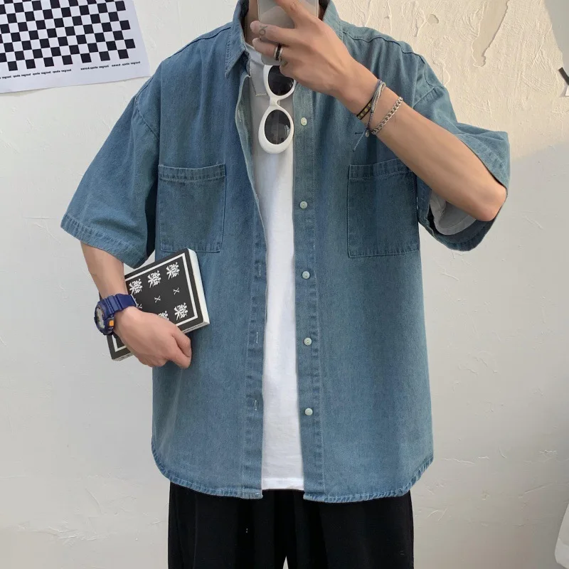 

Wind denim shirt men's 2021 summer New Short Sleeve Shirt Youth loose casual frock coat