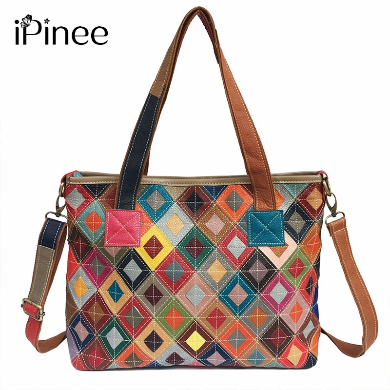 iPinee Genuine First Layer of Cow Leather Shoulder Bags Women Luxury Handmade Patchwork Real Leather Messenger Handbags For Fema