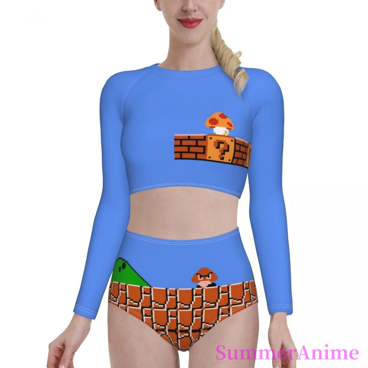 

Bikinis Retro Game sexy 2021 Women Long Sleeve Swimsuit high Waist Swimwear 80s Video Game Beach wear