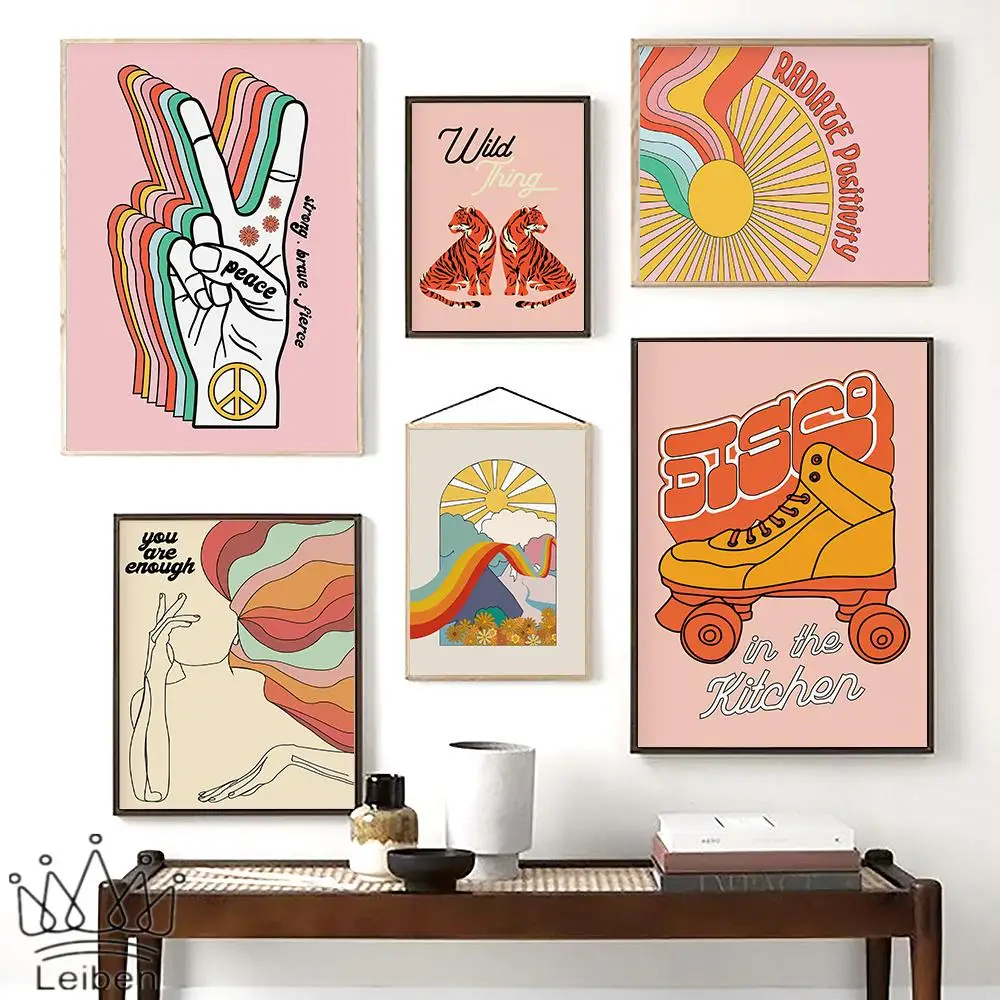 

Feminist Peace Cartoon Pink Poster Nordic Abstract Rainbow Line Victory Hand Wall Art Canvas Painting Home Decor for Living Room