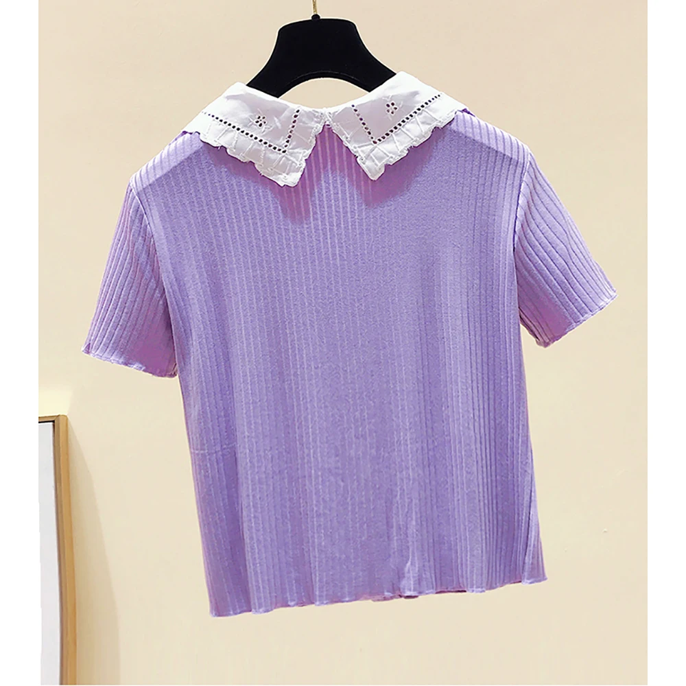 

Korean Pearl Button Patchwork Knitted T Shirt Woman Casual Short Sleeve Tops Black Summer Clothes For Wome