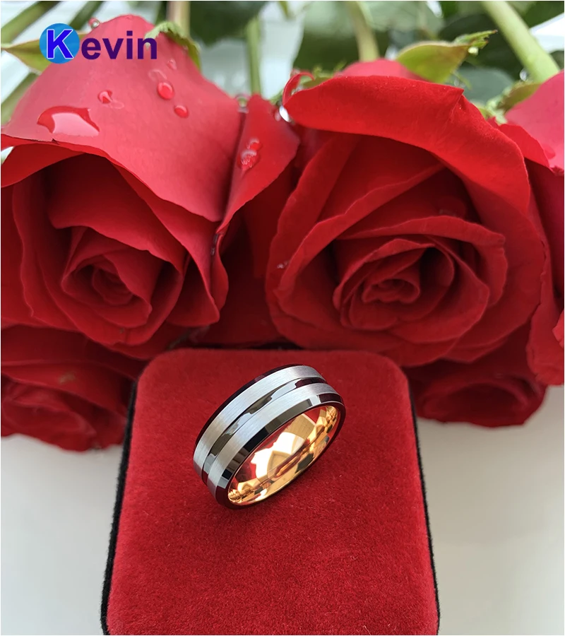 Обручальное кольцо из розового золота черное вольфрамовое для мужчин и женщин с