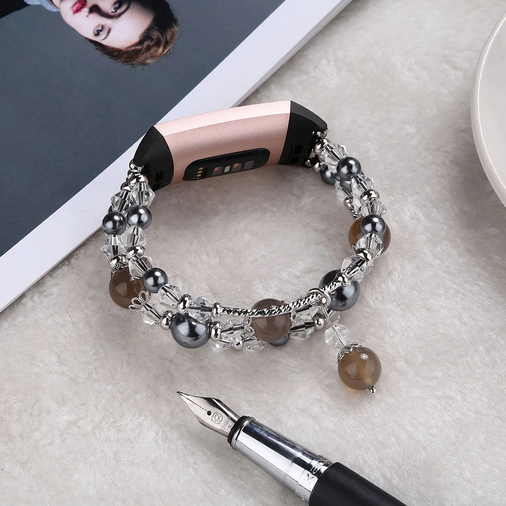 

Loop Elastic Bands for Fitbit Charge 3 4 Straps Beads Jewelry Bracelet Women Luxury Stretchy Wristband Black Pearl Watchband