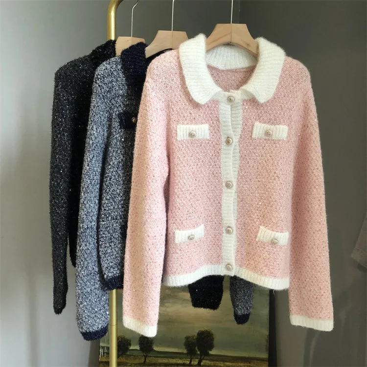 

Fashion Knitted Cardigan Women's 2021 Early Autumn Temperament Colored Yarn Metal Button Coat Cropped Sweater