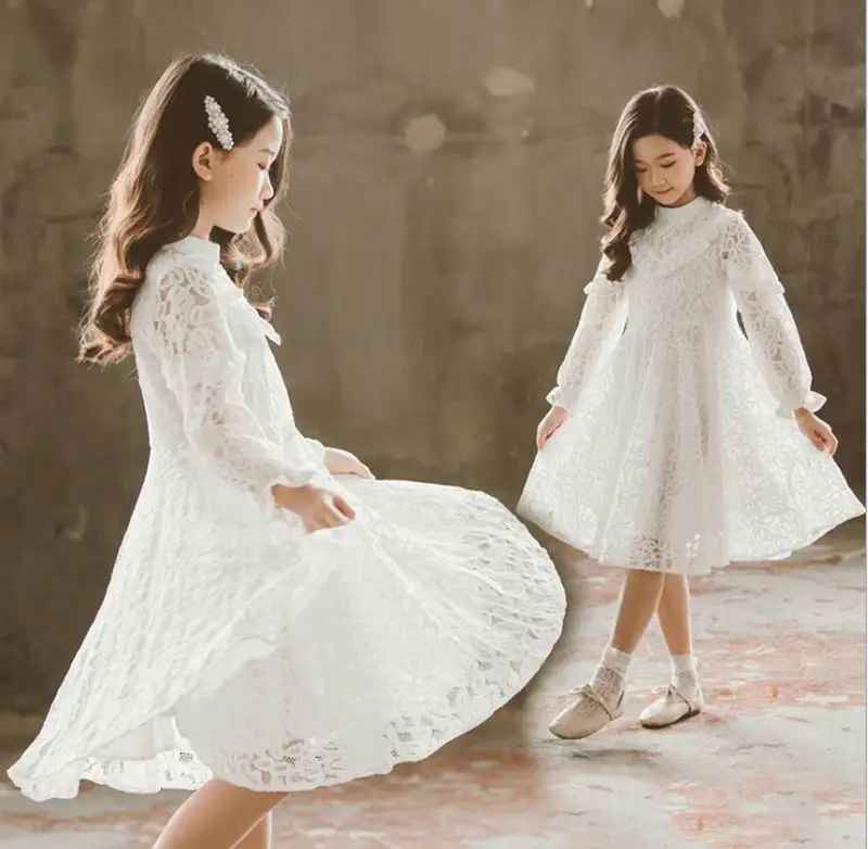 

2020 Sping Autumn New Girl Princess Dress White Lace Long Sleeve Dress V Princess Dress Kids Clothes MAQ003