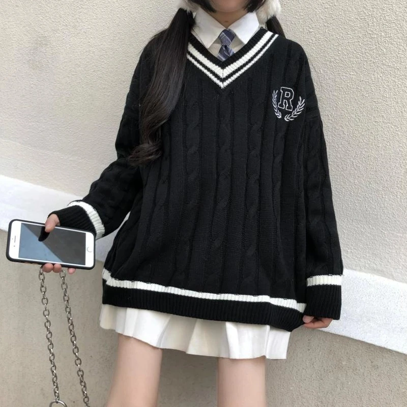 

New 2021 Japanese Wear Pullover Jk Sweater Loose V-Neck Regular Long SleevesStudent Hollow Out Knitting Loose Women Pullover