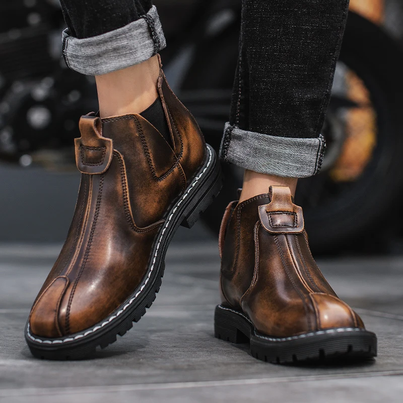 Мужские ботинки челси с мехом черные/коричневые/серые ботильоны в британском