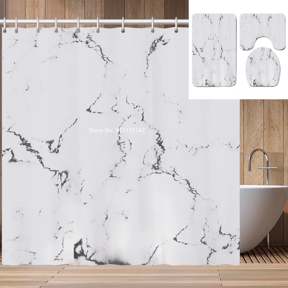 

3D Printed Marbled Shower Curtain Bathroom Creative Waterproof Shower Curtain with Hook Toilet Seat 4-piece Set