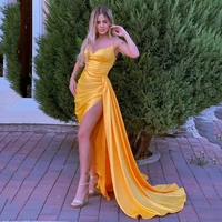 sexy women gold evening dress prom gown v neck with spaghetti straps high split pleat satin long length sleeveless for party