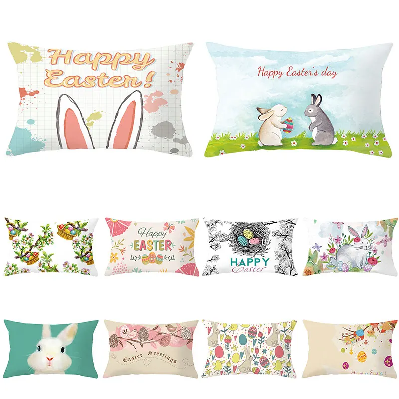 

New Easter Peach Skin Cushion Cover Decorative Throw Pillow Case Bunny Rabbit Egg Print Home Decor Easter Party Supplies 50*30cm