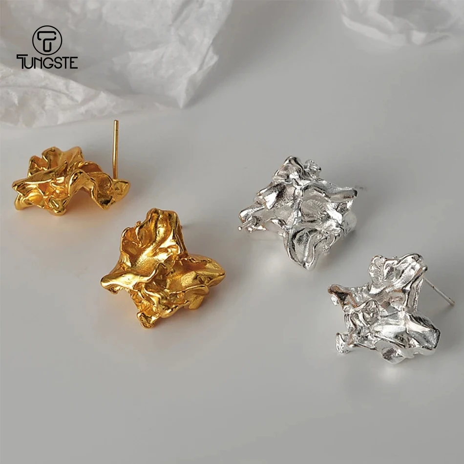 

925 стерлингового серебра складки текстура, серьги со шпилькой, для женщин, для девочек в минималистском стиле с геометрическим узором в стил...