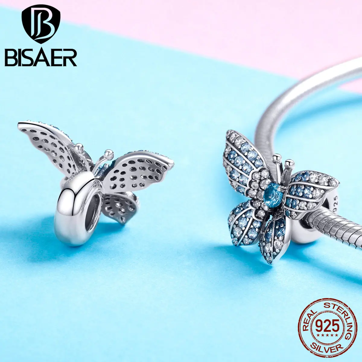 BISAER, 925 пробы, серебряный, Летающая бабочка, большая пробка, амулеты с силиконовым шармом, браслет, браслет, женская мода, Gifs GAC061