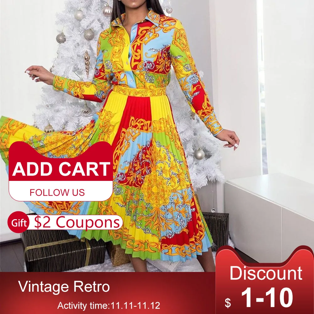 vintage women printed high waist dress spring 2021 Party Dinner pleated midi robe femme vestiods office lady retro african New |