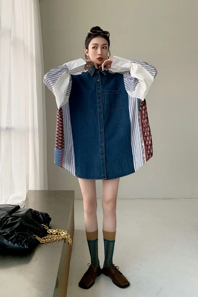 

Plus size Korean Design Contrast Color loose Blouse New Lapel Long Sleeve Loose Fit Shirt