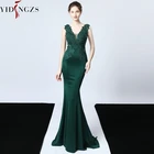 Зеленое Длинное атласное вечернее платье YIDINGZS с V-образным вырезом, аппликацией и бисером, прозрачное элегантное вечернее платье YD16271