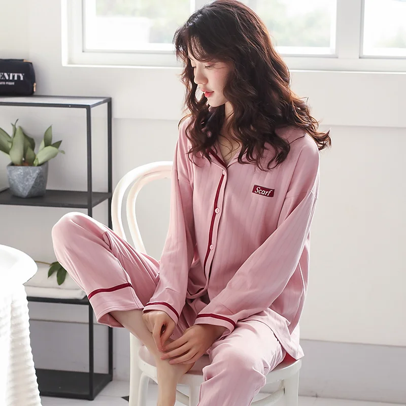 100% Cotton Pajama for Women Autumn Winter PJ Long Sleeves Pijama Button-Down Pure Pink Sleepwear Set Ladies Pyjama Femme | Женская