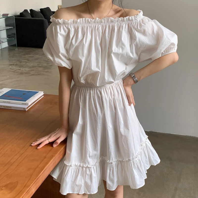 

Alien Kitty 2021 New Summer Brief Sweet Chic Evening Slim Slash Neck Dresses Office Lady French Solid Elegant Stylish Draped