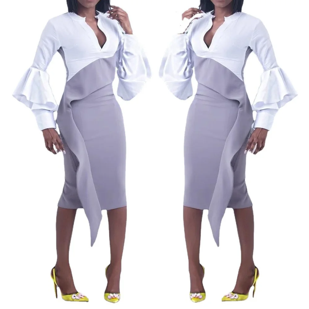 

Somoshein S-2xl New Asymmetry Elegant Splicing Temperament Women Dresses Chic Sleeve Midi Dress Womens Wholesale Dropshopping