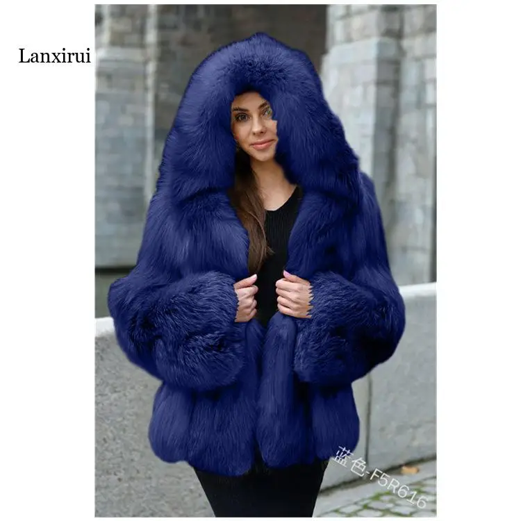 Winter Women Faux Rabbit Fur Coat Hooded Female Super Soft Elegant Thick Warm Outerwear Fake Fur Jacket Artificial