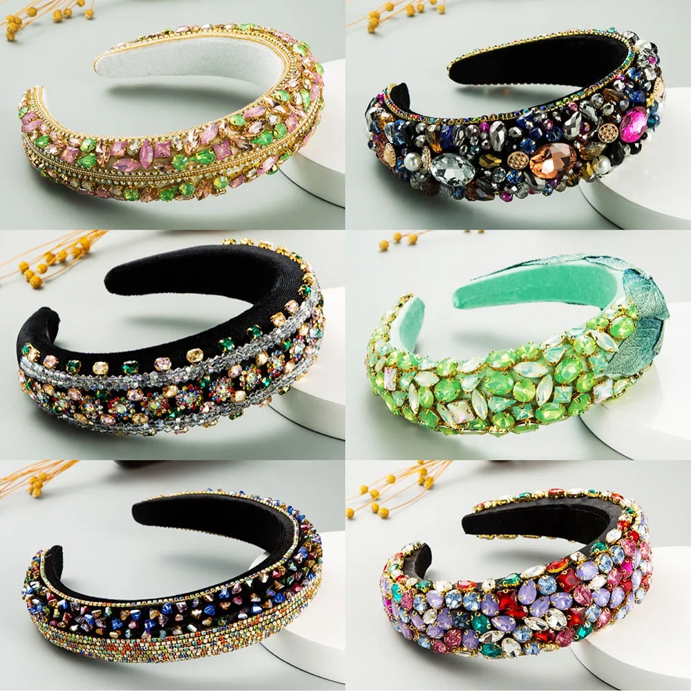 

Роскошная красочная повязка на голову Стразы в стиле барокко, женские Подиумные повязки для волос с кристаллами, дизайнерская тиара, свадеб...