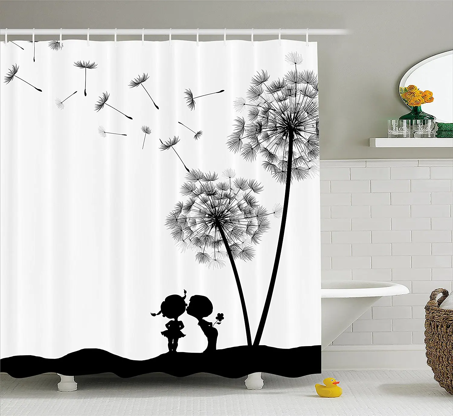 

Home Shower Curtain Vintage Classic Dandelions Flowers Cute Lovers Print Fabric Bathroom Decor with Hooks Black White