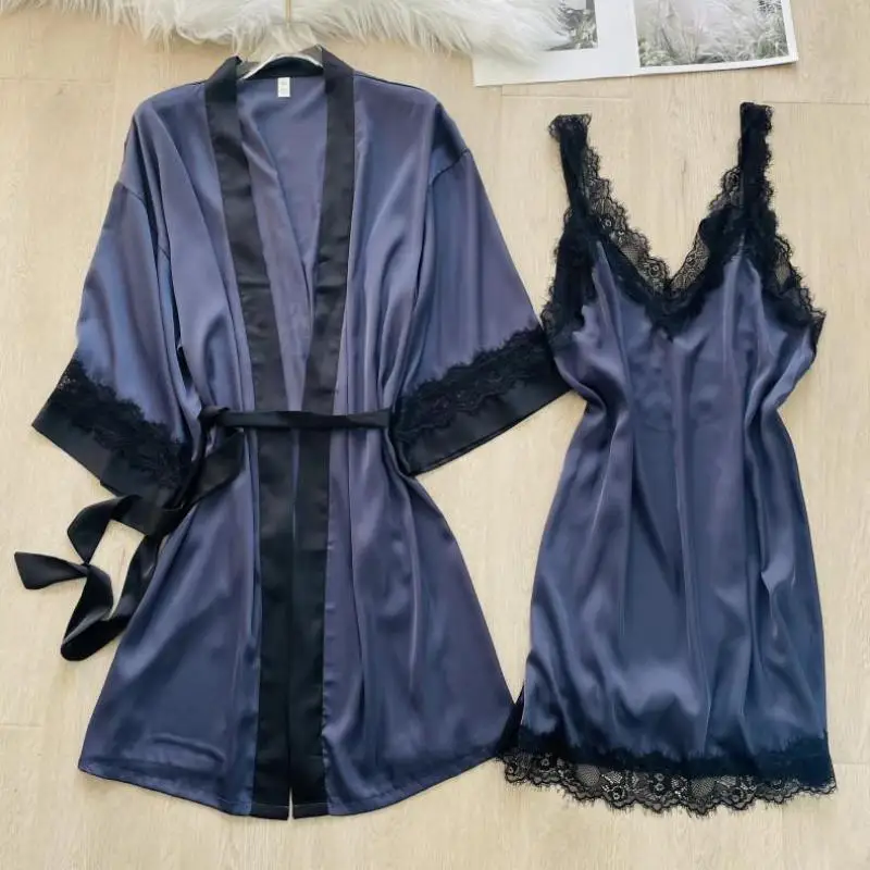 

Sexy Lace Trim Twinset Robe Set Nightgown Women Silk Satin Kimono Bathrobe Gown Casual Nightdress Spring Summer Home Clothes