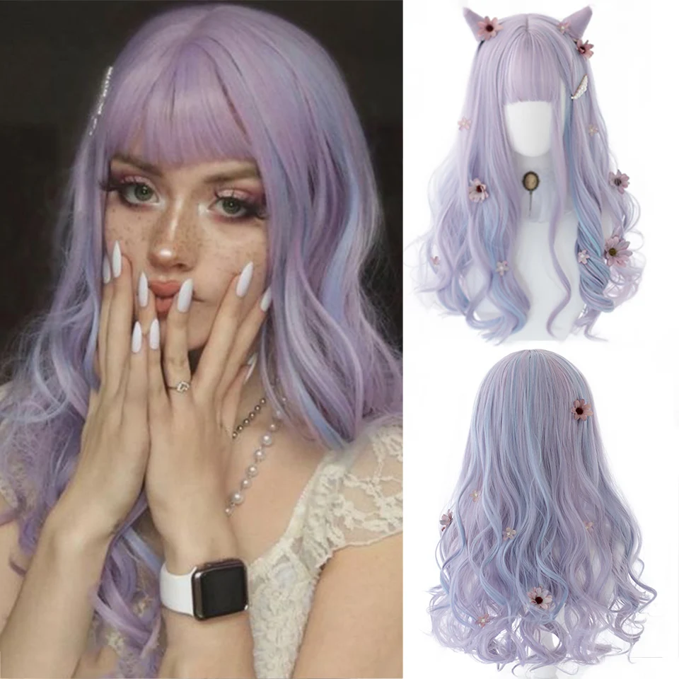 HOUYAN Pink gradient blue long wave curly hair synthetic wig female cosplay Lolita pink purple blue wig bangs synthetic high tem