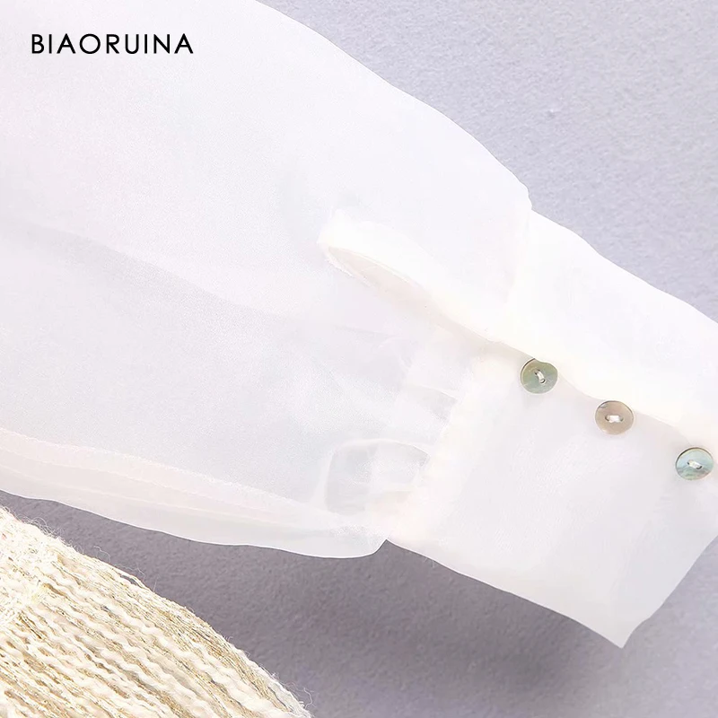 

BIAORUINA Women's Organza Blends Tassels Sweet Blouse Bow Tie Fake Two Pieces Elegant Spring Autumn Tops for Women New Arrival