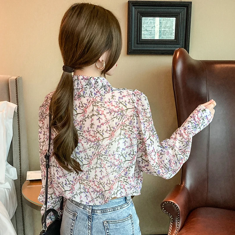 

Ruffle Floral Printed Flowers feminina Spring Summer 2021 New long-sleeved Chiffon shirt Blouse Loose blusas Ladies tops 219F