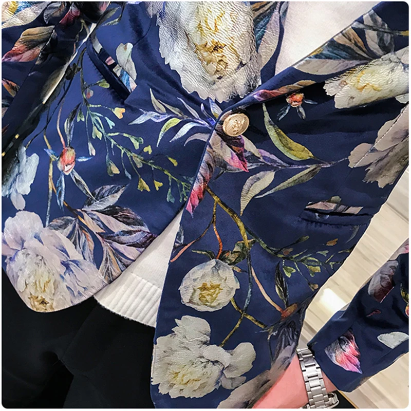 Мужской блейзер с цветочным принтом Черный Повседневный облегающий синими