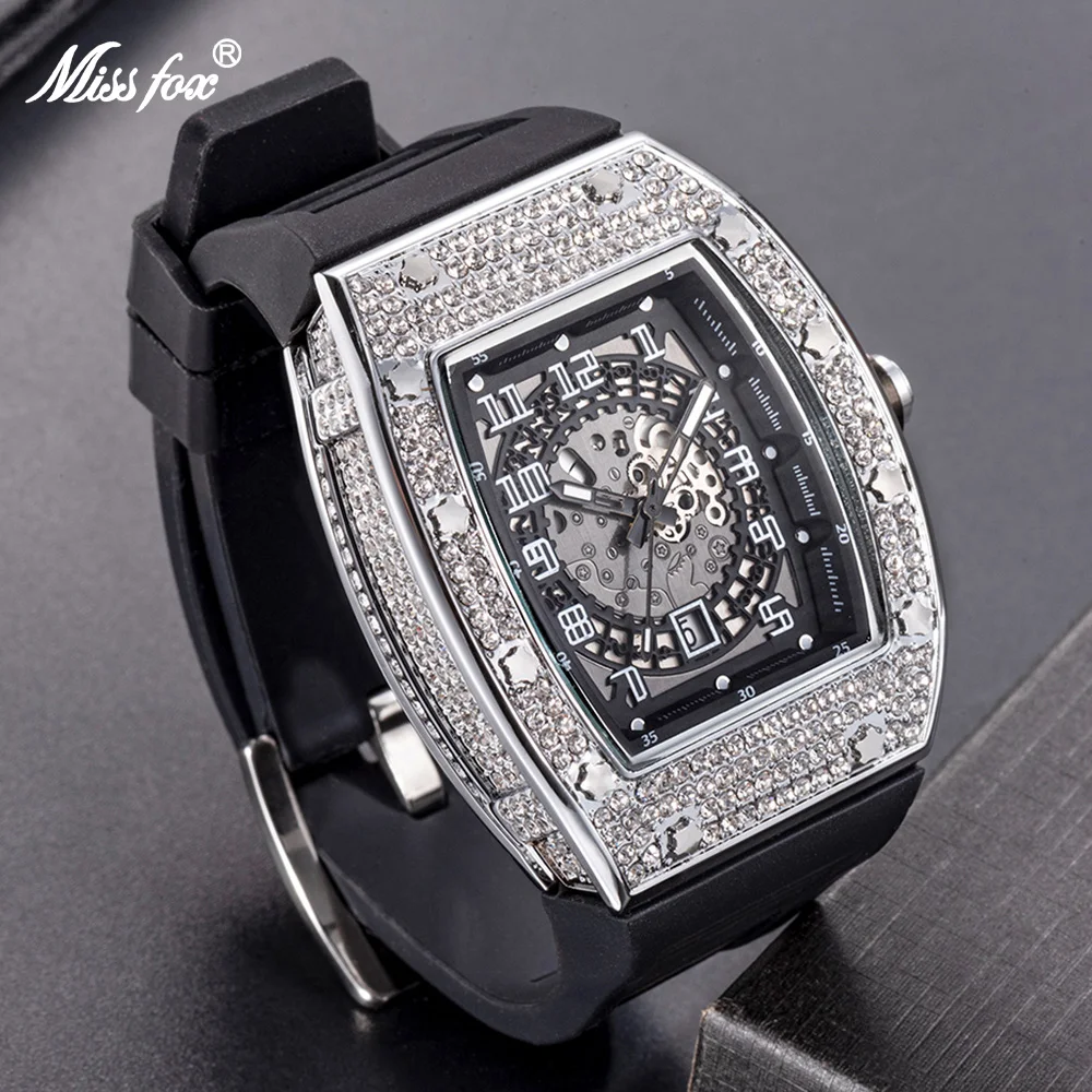 MISSFOX Hip Hop Mens Watches Luxury Full Diamond Silver Quartz Watch Sport Silicone Iced Out Waterproof Clock Dropshipping 2022 iced out watches men hip hop mens quartz watch man bling luxury diamond watch waterproof male clock full stainless steel relogio