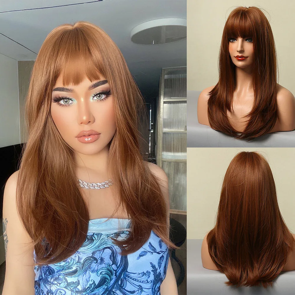 HENRY MARGU Long Straight Layered Hair Ombre Red Brown Ash Lolita Bob Synthetic Wig with Bangs for Women Cosplay Heat Resistant