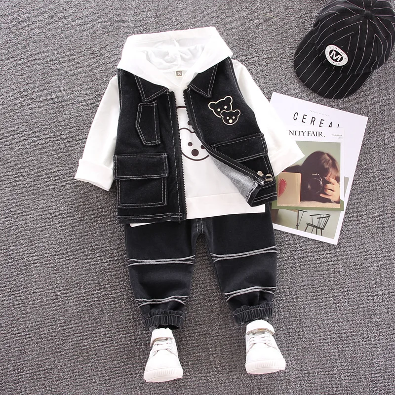 Baby Boy Clothes Set Korean Autumn Trend Boys Girls Hooded Long-Sleeved Sweater + Denim Vest Pants 3PCS Kids Clothing Suits | Детская