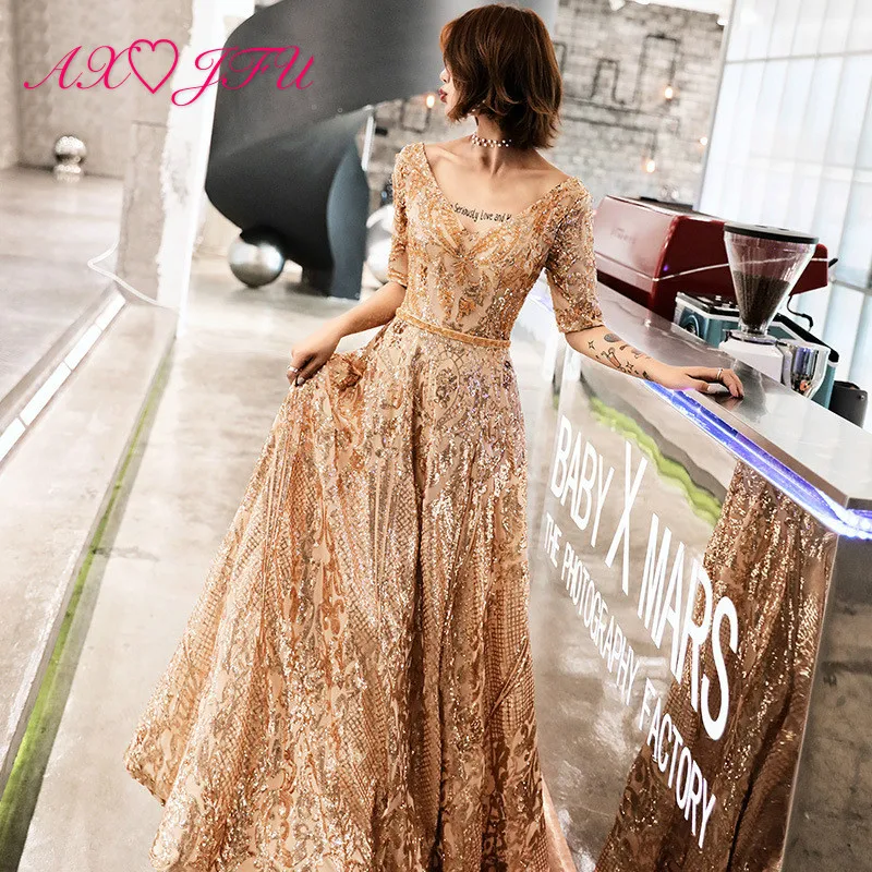 

AXJFU luxury princess golden lace bride evening dress luxury party v neck beading crystal short sleeve long evening dress