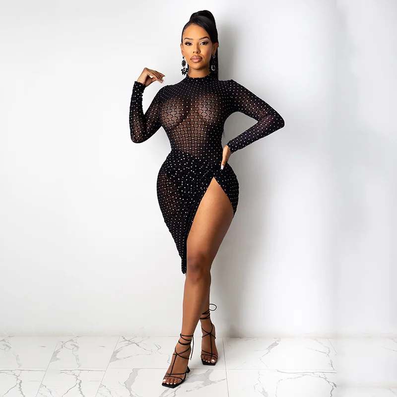 

Sexy woman Bodycon Dress Transparent Bodycon Long Sleeve Slim Suit Skirt Club Party High Street Dresses Summer Vestidos New