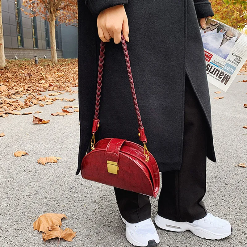 

High Sense Half Moon Women Saddle Handbags Solid Stone Pattern Simple Crossbody Bag Rattan Strap Shoulder Lady Bags Fashion Sac